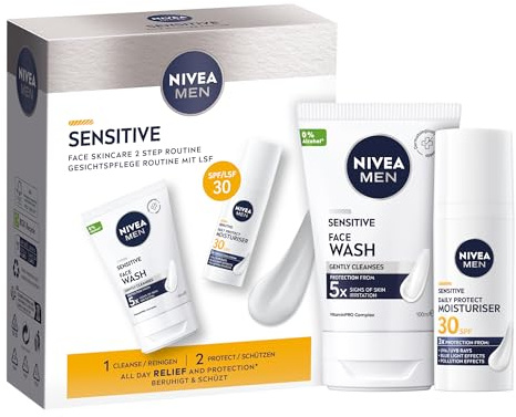 NIVEA MEN Sensitive Face Skincare Gift Pack (2 Products), Gift Set For Men, Includes Face Wash (100ml) and Daily Moisturiser With SPF30 (50ml), Ideal For Sensitive Skin