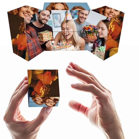 Personalisierte Fotowürfel, Personalisiertes Foto Zauberwürfel 3D Drehbar mit 9 Bildern,für Familie,Freunde,Geburtstag,Weihnachten,Valentinstag,Angepasstes Geschenk (Stil 2)