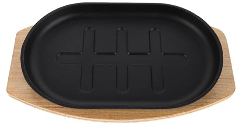 BESPORTBLE Sartén de Hierro Fundido para Bistec 275X175X25 CM con Base de Madera Precurada Resistente para Horno Parrilla Barbacoa y Camping Utensilio de Cocina Profesional para