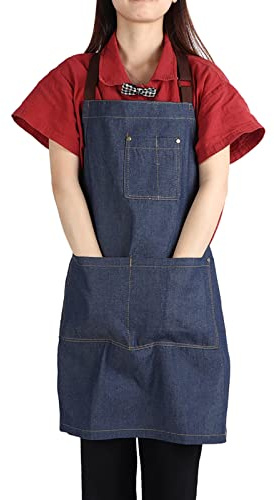 Generic Denim Work Bags Apron Adjustable Belt Large Pockets for Drawing Painting Restaurant Cafe Waiter Metal Buckle Unisex (Denim Blue)