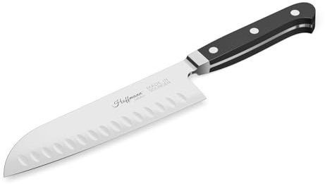 Hoffmann Santokumesser, 30 cm Gesamtlänge X50CrMoV15 Rostfreier Stahl, 18 cm Klinge, POM-Griff, Kullenschliff, Handgeschmiedet, Made in Solingen Germany, Profi Kochmesser, Fleischmesser