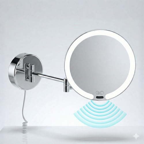 Libaro LED Kosmetikspiegel Vittoria – 7-facher Vergrößerungsspiegel mit Sensor & Dimmer – runder Schminkspiegel mit automatischer LED-Beleuchtung, ausziehbarem Gelenkarm & weißem Kabel, Wandmontage