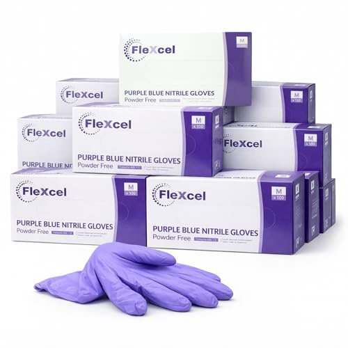 FleXcel Purple Nitrile Gloves (10 Boxes of 100) Size Large - Multipurpose Powder Free, Latex Free, Medical Grade, Food Safe Examination Gloves - AQL 1.5