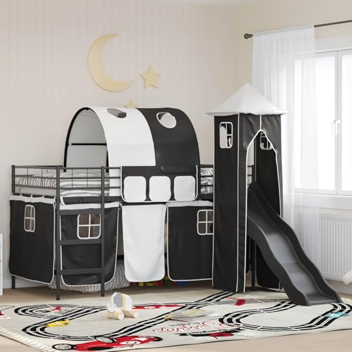 QJBSAVVA Lit mezzanine, noir, 205 x 105 x 116 cm, avec toboggan et rideaux, cadre de lit en métal, espace de rangement, design moderne, pour chambre d'enfant