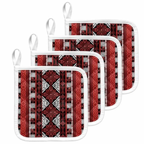 Vintage Aztec Red Geometric Pot Holder Set of 4,Heat-Proof Kitchen Dining Hot Pads Southwestern Tribal Pattern Non-Slip Potholders for Oven,Cooking,Baking,Stove,Countertop