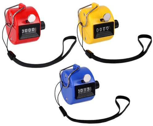 Goktvai 3pcs Handheld Clicker Counters, 4 Digit Hand Tally Pitch Counter Clicker with Hanging Lanyard for Baseball Golf Sports Events Coaching Counting(Red, Yellow, Blue)
