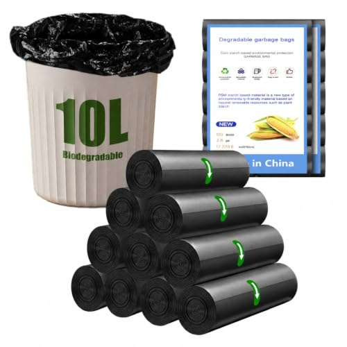 NARYVORA 200 Piezas Bolsas Basura Biodegradable 10L, 10 Rollen 45x50cm Bolsa Basura, 2.6 Gal Prueba de Fugas Bolsas de Basura para Sala de Estar, Cocina, Baño, Oficina, Negro