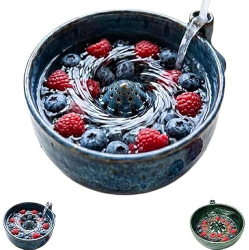 Generisch Beeren-Waschschüssel Mit Drehfunktion, Obst- Und Gemüseschale Mit Abfluss, Behälter Aus Kunststoff Und Keramik, Praktisches Küchenzubehör Zur Reinigung Und Aufbewahrung Von Früchten (Blau)
