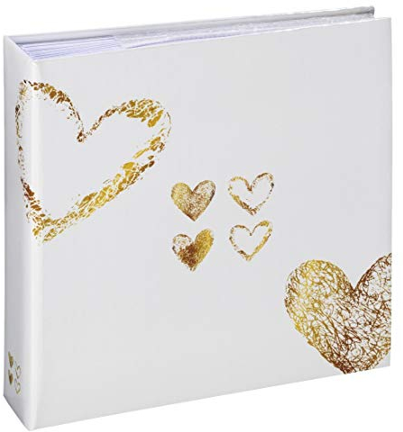 Hama Einsteckalbum Lazise (Fotoalbum mit 100 Seiten, Album zum Einstecken von 200 Fotos im Format 10x15 cm, Fotobuch mit Herz-Motiv, Hochzeitsalbum) weiß/gold