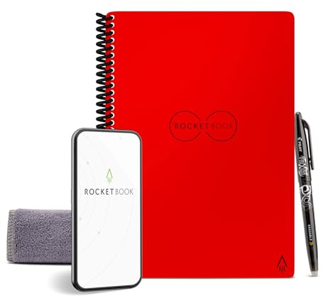 Rocketbook Reusable Digital Notebook - Smart Notepad A5 Red - Spiral Note Book To Do List Pad, Lined Paper with Frixion Erasable Pen and Wipe, Office Gadget with Rocketbook App, Reduce Paper Waste