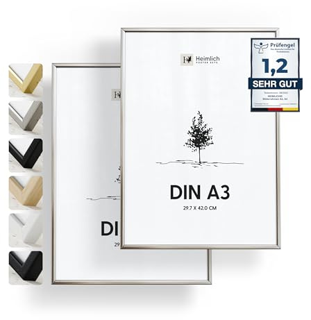 Heimlich® - Bilderrahmen - A3 29,7x42 cm, Aluminium, Silber, 2er-Pack - Kleine Posterrahmen - Nur zur Wandmontage