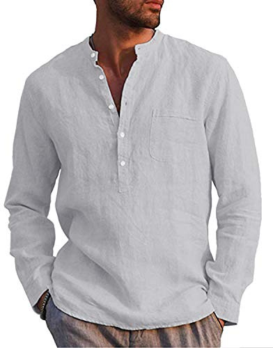 AUDATE Mens Cotton Linen Shirt Long Sleeve Henley Shirt Regular Fit Casual Beach Shirts Tops Gray 2XL