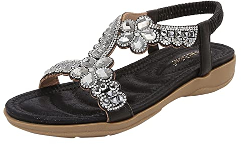 Sandalen Böhmen Sommer Frauen Damen Bling Crystal Flat Beach Freizeitschuhe (38,Schwarz)