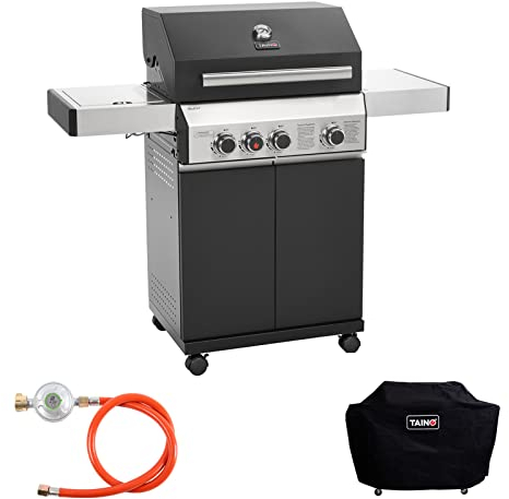 TAINO BLACK Gasgrill-Set mit Abdeckhaube und Gasdruckminderer (BLACK 3+1 Set)