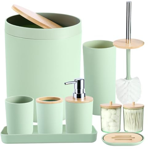 iMucci Badezimmer-Zubehör-Set mit Mülleimer, WC-Bürste, Zahnbürstenhalter, Lotion-Seifenspender, Seifenschale, Zahnbürstenbecher, Qtip-Halter (Bambus-Bezug), Pastellgrün, 9-teilig