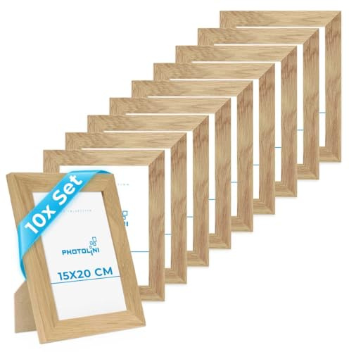 PHOTOLINI Bilderrahmen 15x20 Holz Eiche, 10er Set breite Bilderrahmen 20x15 Holz, Picture Frame mit Acrylglas, Bilder Rahmen 15 x 20 cm Eiche zum Aufhängen & Aufstellen, Rahmen 15x20 mit Zubehör
