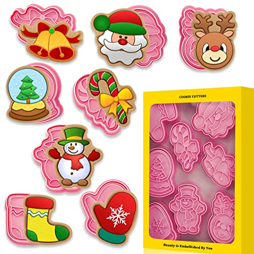 Acevegue Christmas Cookie Cutters Set, 8pack Pressable Christmas Stamps Pastry Biscuit Cutters-Santa, Bells, Christmas Socking, Gloves, Elk Shape for Baking Christmas Cake Decorations Supplies