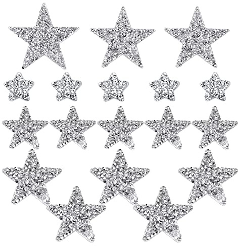 Zasvec Bügelbilder Aufbügler Strass 18 Stück Silber Bügelbild Applikation zum Aufbügeln Strass Fünfzackiger Stern Aufnäher Glitzer Patches Aufnäher für DIY Dekoration 9/8/6/4/2cm