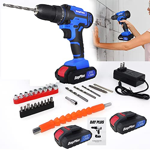 21V Cordless Drill Electric Driver Set, Cordless Drill and Screwdriver Set Combi Drill Set with 2 1.5AH i-ion Battery, 25+1 Torque, 2 Adjustable Speed, LED Work Light Wireless Power Drill Set