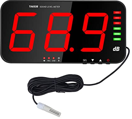 30dB~130dB Messgerät DC5V 1A Micro USB Dezibel Messgerät, TA654B 13 Zoll Bildschirm dB Anzeige LED Schallpegel Messgerät Wandbehang Digital Schallpegelmesser mit Alarm für Umgebungs Geräusch
