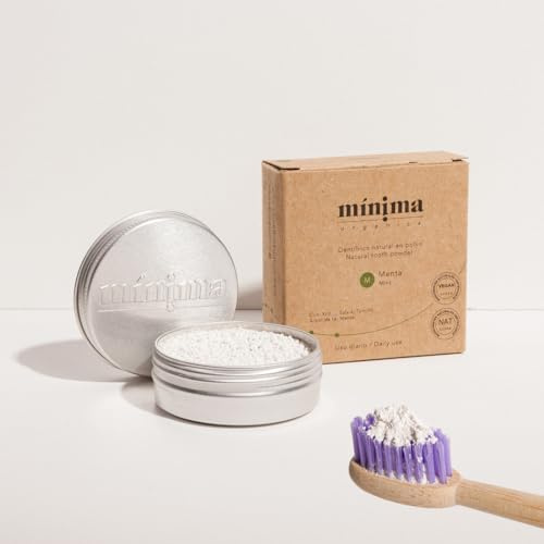 Pasta de dientes sin flúor natural en polvo Mínima Organics | Dentífrico bio antimanchas, crema dental ecológica, aliento fresco, sin plástico, mejor pasta de dientes sabor menta 30g.