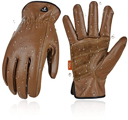 Vgo... 1 Paar Arbeitshandschuhe aus genarbtem Rindsleder, ungefütterte Arbeitshandschuhe, Bauhandschuhe, wasserabweisend, Handflächenbesatz (CA9597WP)