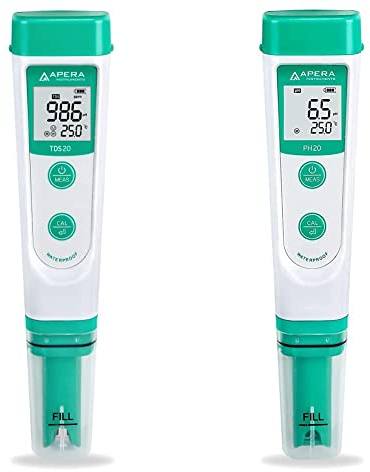 Apera Instruments TDS20 TDS-Meter & PH20 pH-Meter, Messgerät im Taschenformat (±0,1 pH-Genauigkeit, 0-14 pH-Messbereich, wasserfest, Temperaturanzeige) Set inkl. Kalibrierlösungen