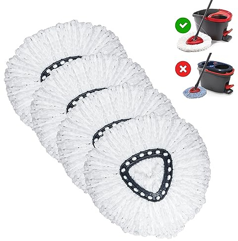 4-Pack Microfiber Spin Mop Refills, Mop Heads Replacement for O-Ceda Easy Wring Spin Mop, Vileda EasyWring and Clean Turbo Classic - White 2-in-1 Tank System Compatible for Easy Floor Cleaning