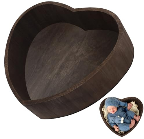TOYANDONA Heart-shaped Wooden Baby Basket for Newborn Posing, Coffee Colour Baby Photography Prop Suitable for Photo Shoot and Studio Sessions