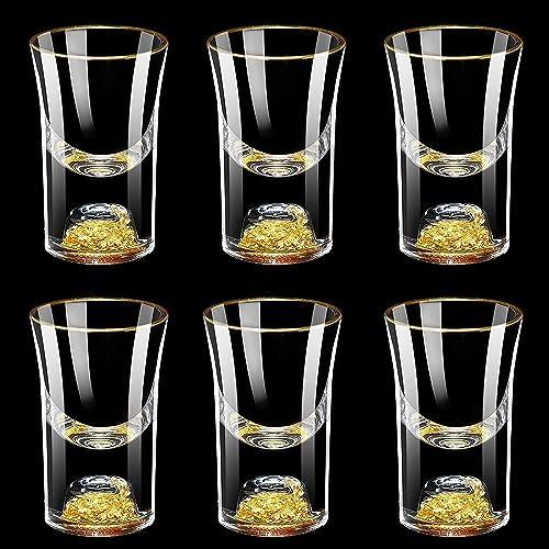 YBCPACK 20ml Gold Shot Glasses Set of 6, Tequila Shot Glasses Set Decorated with 24K Gold Flakes, Mini Crystal Shot Glass for Spirit, Sake, Whiskey
