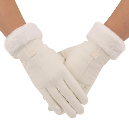 Zeltauto Women's Touch Screen Gloves Faux Suede Full Finger with Warm Plush Lining(Beige)