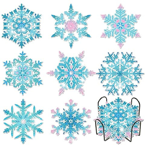 8 Stück Diamond Painting Untersetzer, DIY Schneeflocke Diamant Art Malerei Untersetzer mit Halter Weihnachten Winter Diamant-Malsets, Geschenke Weihnachten