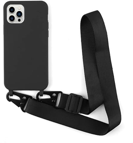 Leather Armor Handykette Hülle für iPhone 15 Pro (6.1) Mit Band Halsband Lanyard (Abnehmbar), Verstellbar, Stoßfest Silikonhülle - Schwarz