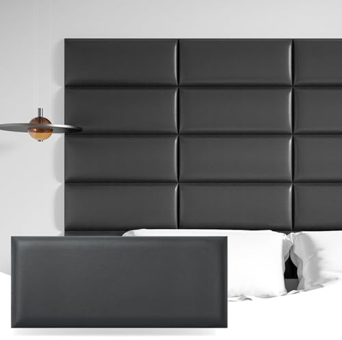 Art3d Kopfenden Selbstklebend Kunstleder 6 Stück Schwarz 60 x 25 cm | King-Size-Bett Full und Queen Kopfteil Schlafzimmer Wohnzimmer Paneele 3D schalldichte gepolsterte Wandpaneele