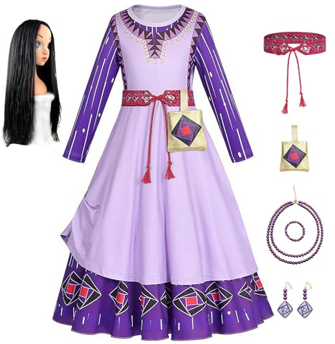 YOSICIL Wish Asha Costume Bambina Asha Vestito con Accessori con parrucca per Natale Compleanno Halloween Carnevale Festa Cosplay Asha Costume,Viola 150