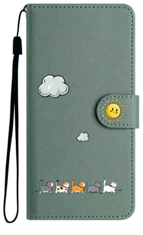 Aisenth Handyhülle für Samsung Galaxy A12/M12 Klapphülle mit Kartenfächer | Motiv mit süßer Katze,Standfunktion,Kartenfächer,PU Leder,3 Kartenfächer+Geldfach+Handschlaufe,Magnetische,Modisch,Grün