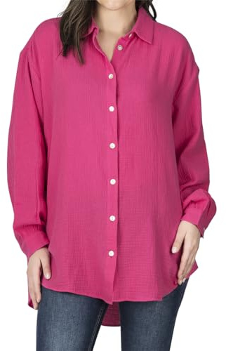 DENIMFY Musseline Bluse Damen Oversized DFMathilda Hemdbluse Sommer | Langarm Knopfleiste Einfarbig 100% Baumwolle Schwarz Weiß Blau Olive Beige Grün Pink S-M M-L L-XL