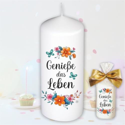 Stumpenkerze Kerze - Genieße das Leben - Für Dich | bunte moderne Motive Farben auf Tattoofolie für Kerzen | mit Geschenkfolie und goldener Schleife | Geburtstagkerze in Geschenkverpackung