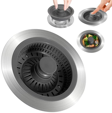 3 in 1 Stöpsel für Spülbecken mit Sieb, Stöpsel für Küchenspüle, Edelstahl, für Löcher für 71-85 mm Spülbecken Tiefe > 40 mm