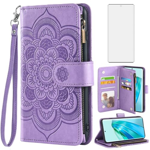 Asuwish Funda para Honor Magic 5 Lite 5G/X9A/X40 con Cristal Templado Protector Pantalla Vidrio Pelicula Protectora Libro Cuero Piel Tarjetero Soporte Magic5 5Lite Tapa Carcasa Movil Capa Case Lila