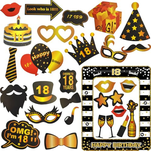 VITEVER 30PCS Fotobox Accessoires, 18 Geburtstag Deko, Party Zubehör, Tischdeko Geburtstag und 1 Fotorahmen für 18 Geburtstag Mädchen und Junge, Vielfalt Party Deko Geburtstag Hochzeiten