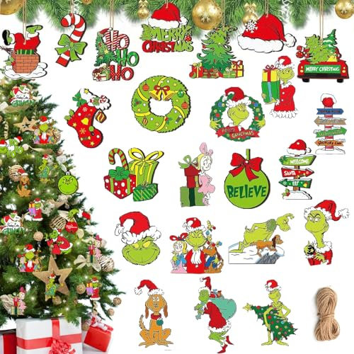Grinch Navidad Decoracion, 24 Piezas Decoracion Navidad, Adornos Arbol Navidad Madera, Adornos De Navidad para El Arbol, Decoraciones Navideñas de Grinch
