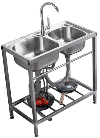Évier de cuisine à 2 compartiments en acier inoxydable avec robinets froids et chauds, double lavabo autoportant avec dosseret surélevé de rangement, évier utilitaire commercial pour restaurant