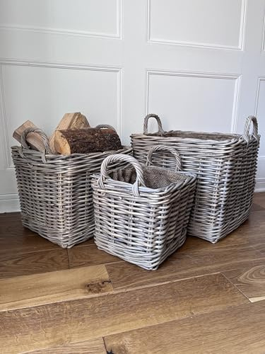 Wicker log Basket, Firewood Kindling Storage Holder with Handles, Small, Medium and Large Sizes, Square (Set of 3)
