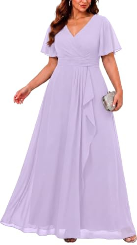 Talisea Plus Size Formal Dresses - Wedding Guest Bridesmaid Evening Prom Chiffon V Neck Ruffle Short Sleeves Long Dress Women