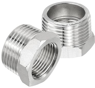 PATIKIL 304 Stainless Steel Reducer Hex Bushing 2 Pcs, 1 BSPT Male to 3/4 BSPT Female Pipe Reducing Adapter Fitting Connector for Water Gas Hydraulic Pipes Shower Hose, Silver