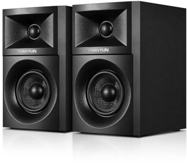 Sanyun SW203 4.0 Computer Speakers - 60W 4-Way DSP Control 3D Immersive Sound - 3 Carbon Fiber Woofer & 20mm Silk Dome Tweeter - 24bit DAC USB/Bluetooth 5.4/AUX - Studio-Grade Audio (Pair, Black)