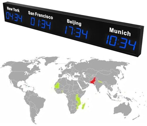 Reloj mundial LED digital grande, 3/4/5 zona horaria, montado en la pared, zona horaria de la ciudad, reloj mundial, hotel, corporación multinacional