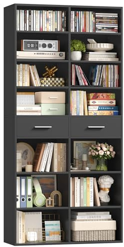 HOCSOK Bücherregal, 185,5 cm Hoch Standregal mit 2 Schubladen, 8 Ebenen | Bücherschrank Regal Offenes Aufbewahrungsregal für Arbeitszimmer, Büro, Wohnzimmer, Schlafzimmer, Weiß/Schwarz