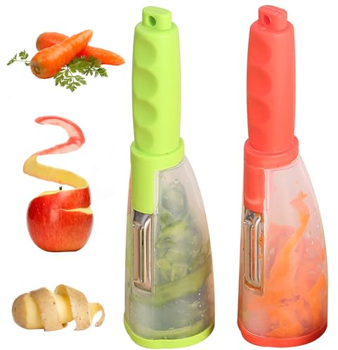 Pelapatate con contenitore, 2 pelapatate multiuso sicuri, verdure in acciaio inossidabile con manico antiscivolo, taglierino per frutta sospeso per cucina, soggiorno, ufficio, multi